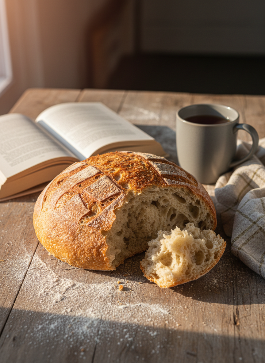 A rustic wooden kitchen table scattered with a light dusting of flour, featuring a golden-brown loaf of artisan sourdough as the central focus. The crust is deeply scored and blistered, with a torn heel revealing an airy, tender crumb. Around it lie an open hardback novel with a linen cover, a simple stoneware mug of tea, and a folded kitchen towel in soft, muted plaid. Late afternoon natural light streams in from an unseen window, casting warm highlights on the bread’s texture and gentle shadows across the pages. Photographic realism, shot at a slightly elevated angle with shallow depth of field, creating a cozy, inviting mood perfect for a homey baking-and-reading blog header.
