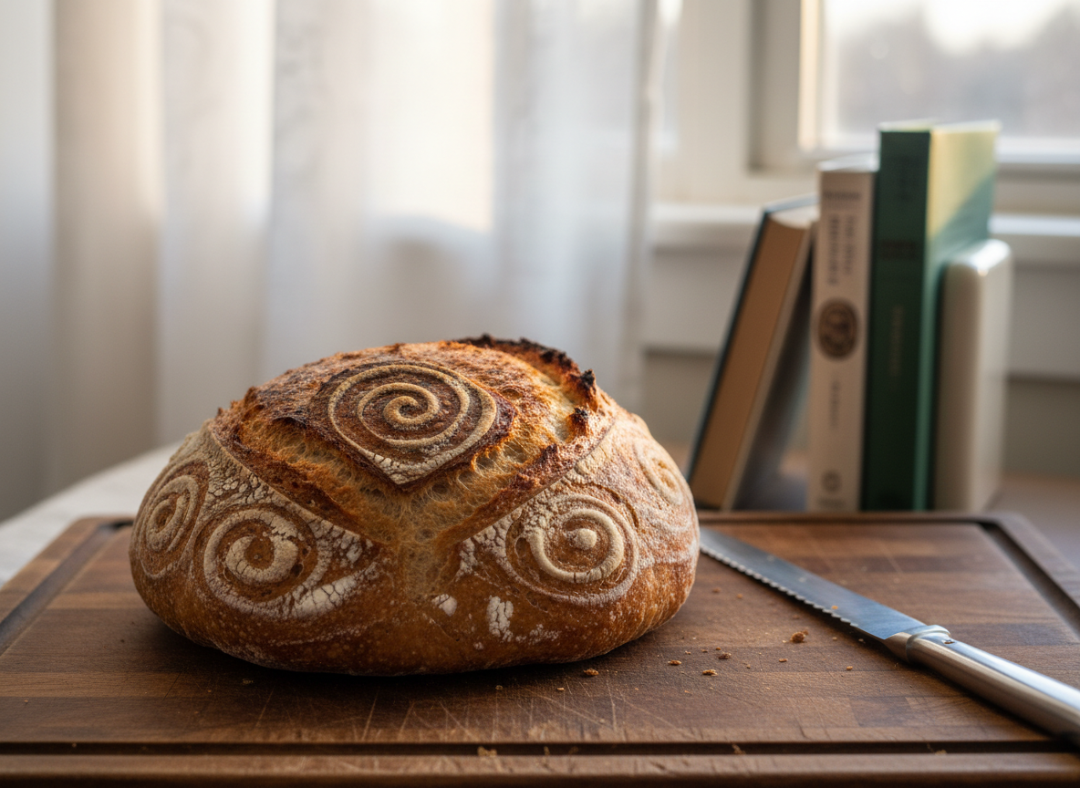 A close-up, photographic view of a round sourdough loaf on a well-worn wooden board, captured just as a serrated knife rests beside it with a few scattered crumbs. The crust shows intricate scoring patterns, with tiny bubbles and a crackled, caramelized surface. In the softly blurred background, a small stack of novels with slightly frayed dust jackets leans against a simple ceramic bookend, set near a sunlit window with gauzy curtains. Soft morning light creates gentle highlights along the bread’s ridges and a comforting glow on the book spines. Shot at eye level with a shallow depth of field, the mood is calm, intimate, and warmly domestic, emphasizing authentic home baking and quiet reading moments.