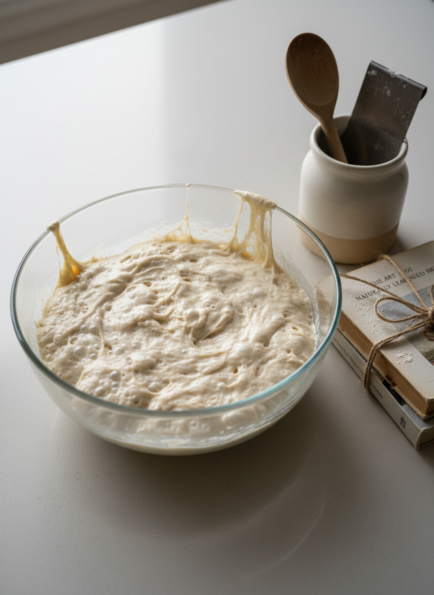 A warmly lit kitchen counter scene featuring a large glass mixing bowl filled with pillowy, risen sourdough starter, its surface dotted with lively bubbles and elastic strands of dough clinging to the sides. Next to it lies a stack of slightly flour-dusted paperbacks, bound with a piece of twine, and a simple ceramic jar holding a wooden spoon and bench scraper. The countertop is a pale, matte stone that reflects just a hint of light. Soft overcast daylight filters through an unseen window, creating diffused, even illumination with gentle shadows. Photographic realism, shot from a three-quarter overhead angle to emphasize texture and depth, with a playful, quietly industrious mood that captures the rhythm of weekend baking between chapters.
