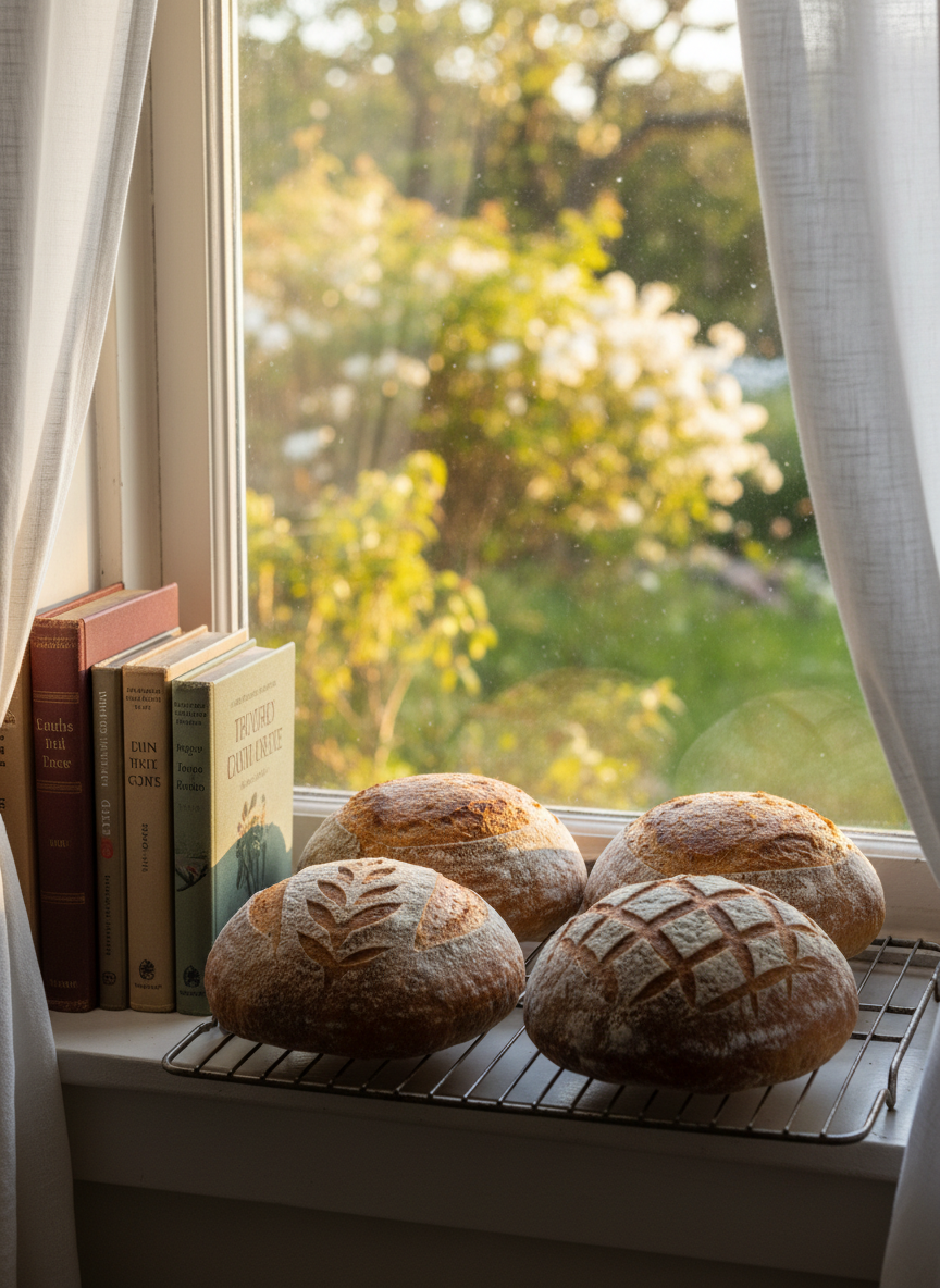 A narrow farmhouse windowsill lined with a row of well-loved novels, their spines in earthy, muted colors, beside a small cooling rack holding three individual sourdough boules. The breads have crisp, rustic crusts lightly dusted with flour and unique scoring patterns, each loaf slightly different. Outside the window, blurred greenery hints at a garden in soft focus. Late afternoon sunlight slants in, creating a warm, golden rim light around the loaves and subtle highlights on the book edges. Photographic realism, captured at an eye-level angle with a moderate depth of field, conveys a peaceful, contemplative mood that blends the comfort of baking with the escape of reading, perfect for a cozy blog feature image.
