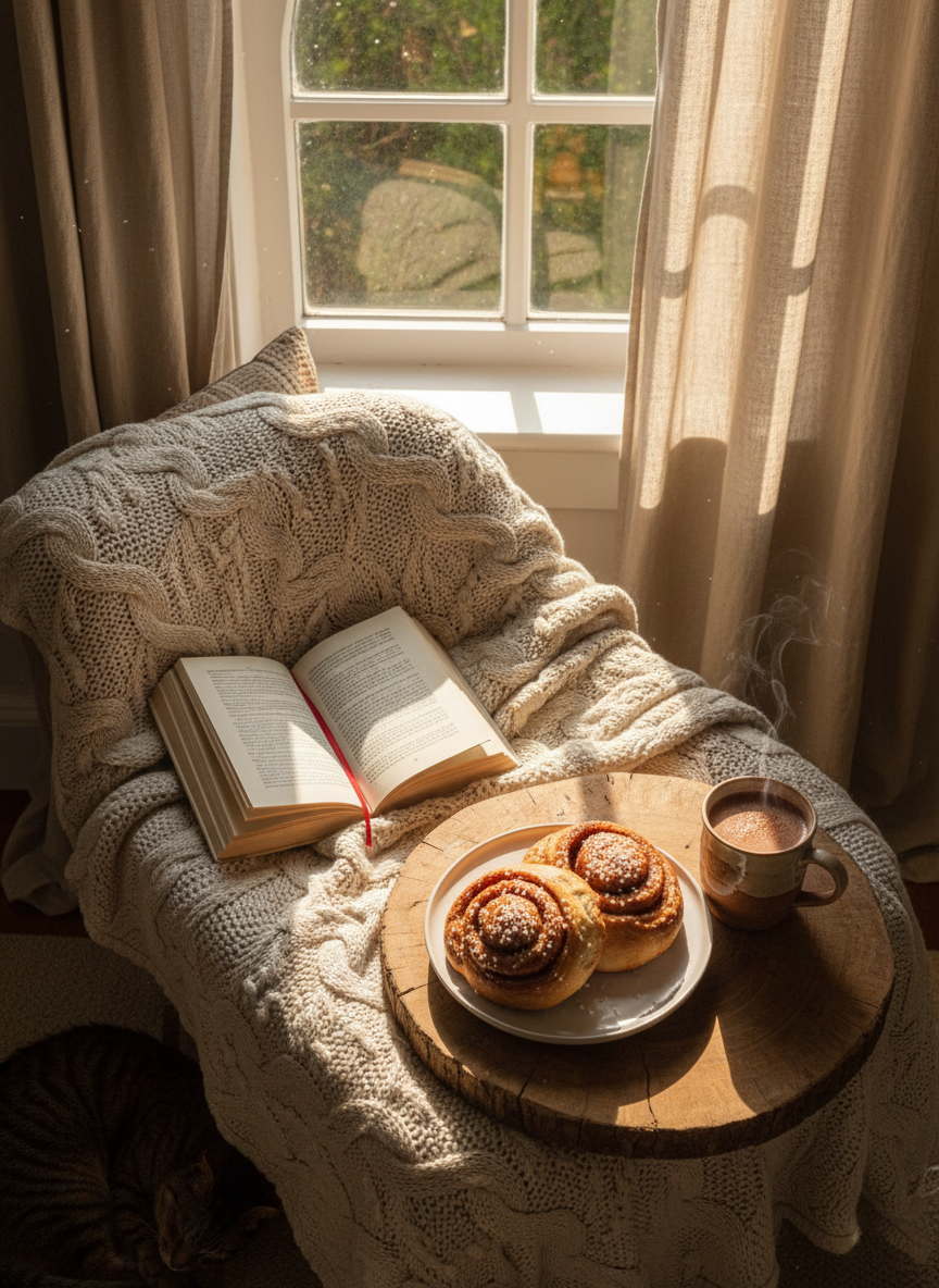An overhead, photographic scene of a cozy reading nook beside a window, where an open book rests on a chunky knit throw and a small wooden tray holds a plate of freshly baked cinnamon rolls. The rolls are spiraled tightly, glazed with a thin, glossy icing that catches the light, and sprinkled with a few grains of coarse sugar. Beside them, a simple ceramic mug of cocoa sends up a faint curl of steam. Soft golden-hour sunlight filters through the window, illuminating the textures of the fabric, pastry, and wood, and casting long, gentle shadows. The composition follows the rule of thirds, blending lifestyle baking and reading in a warm, playful atmosphere of quiet indulgence.